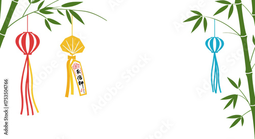 Colorful Japanese Festival Decorations Hanging From Bamboo Stalks, Festive Celebration in Summer