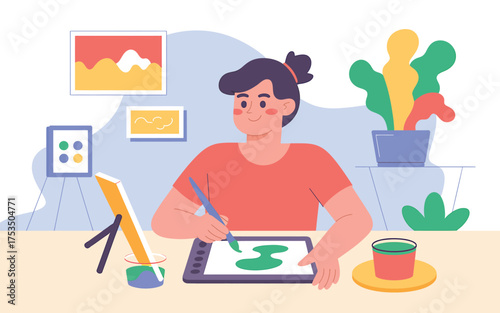 Digital artist creating art on tablet creative workspace hobby lifestyle home office setup