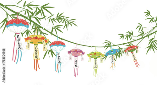 Traditional Japanese Tanabata festival decorations hanging from bamboo branches, vibrant colors