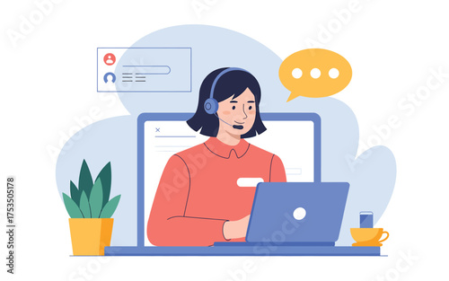 Customer support agent wearing headphones working on laptop providing online assistance