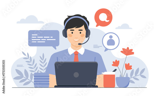 Friendly customer support agent with headset and laptop providing online assistance and service