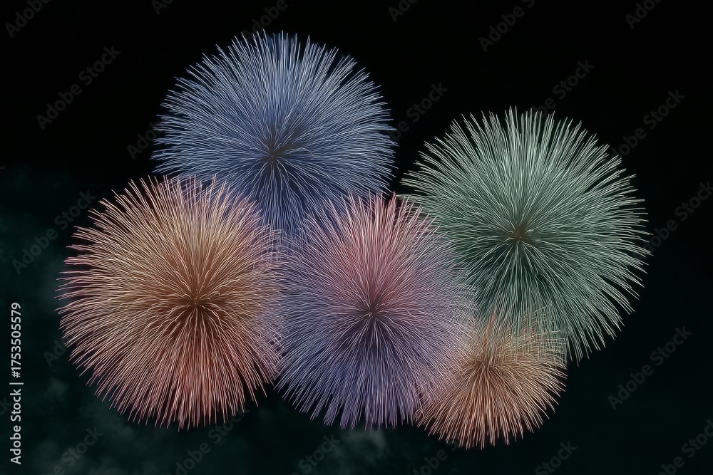 Fototapeta premium Kaleidoscopic firework blooms burst against the night sky, reminiscent of Hanabi festivals and Diwali's vibrant celebrations
