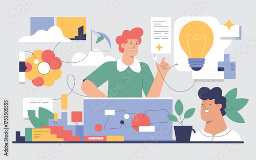 Creative process visualized person working on laptop surrounded by ideas and charts