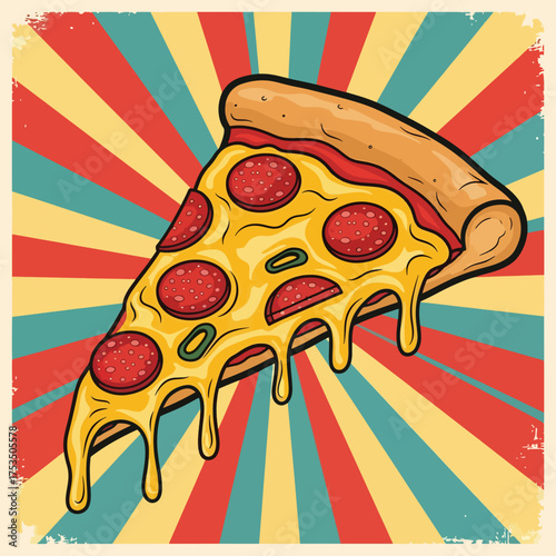 Retro illustration of a cheesy pepperoni pizza slice with melted cheese on a vintage sunburst background, ideal for restaurant branding, food advertising, or menu design