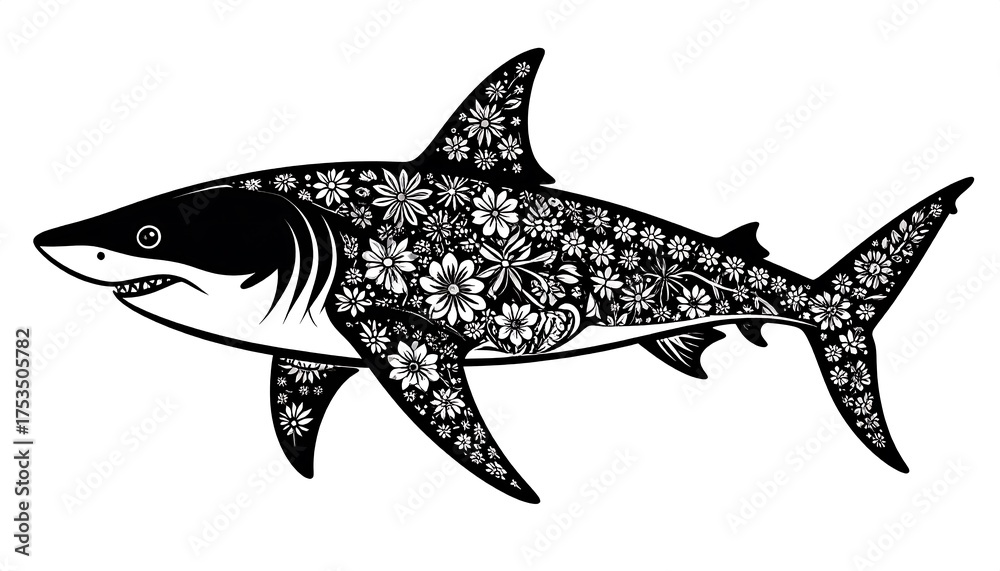 Obraz premium A striking, floral patterned illustration of a great white shark in black and white, with detailed flower patterns filling the body