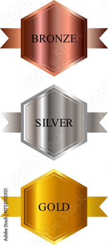 Bronze, silver and gold polygon badges with ribbon banners