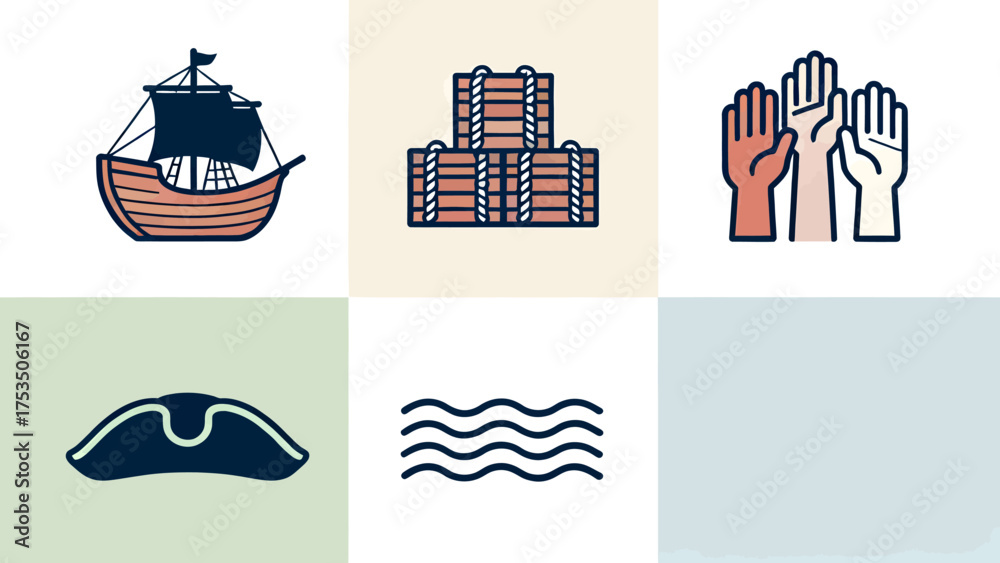Naklejka premium Historical icon set vector illustration featuring various symbols including a sailing ship, tea chests, raised hands, colonial hat, and ocean waves.