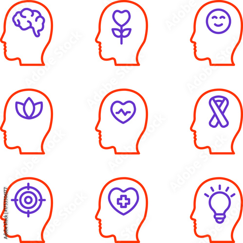 Mental health and wellness icons in head outline – line art set