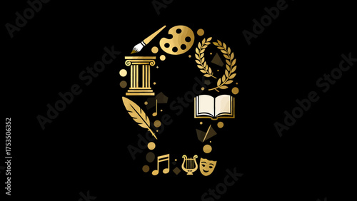 Elegant gold vector illustration featuring a collection of art, music, and literature symbols — including paintbrush, palette, musical notes, books, feather pen, theater masks, laurel wreath, and clas