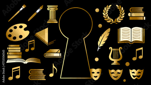 Elegant gold vector illustration featuring a collection of art, music, and literature symbols — including paintbrush, palette, musical notes, books, feather pen, theater masks, laurel wreath, and clas