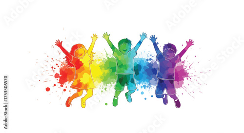 Watercolor illustration of joyful children jumping with raised hands in a splash of rainbow colors, symbolizing happiness, freedom, creativity, and the energy of childhood expression