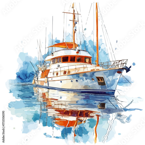 Yacht, watercolor drawing vector, isolated on a white background.
