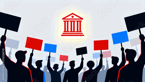 A symbolic vector illustration of people protesting in unity around a courthouse, holding banners that demand justice and equality.