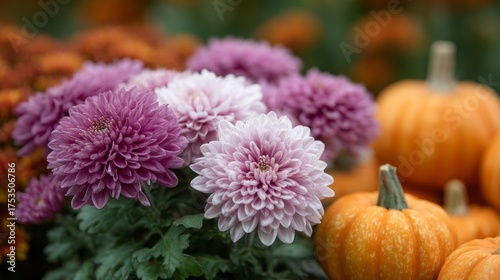 Purple chrysanthemums bloom vibrantly beside miniature pumpkins, evoking Samhain's mystical embrace and the Day of the Dead's colorful spirit