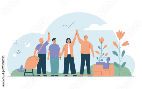 Diverse community volunteers high five celebrating teamwork and unity in a vibrant outdoor setting