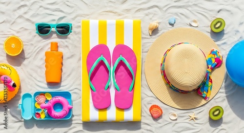 Summer Beach Essentials Flat Lay Sunny Vacation Objects Straw Hat Flip Flops Towel Sunscreen Seashells Orange Kiwi Fruits Bright Colors
