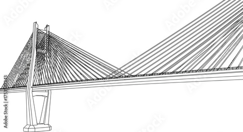 Wireframe cable stayed bridge, engineering design on white background