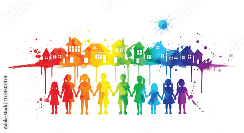 Colorful illustration of children holding hands on a sunny street lined with vibrant houses, symbolizing community, friendship, diversity, and neighborhood unity in a happy environment