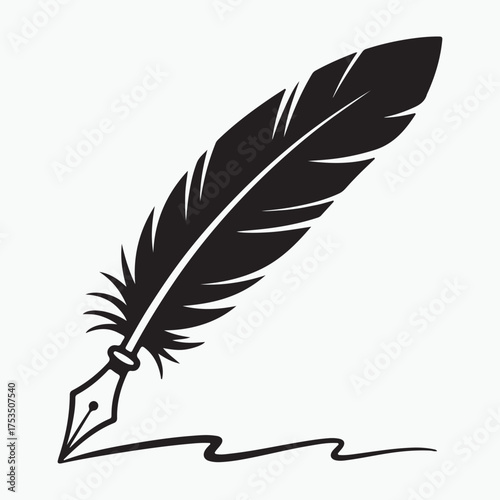 Stylized Quill Pen Drawing a Line, Vintage Writing Tool, Classic Literature Symbol, Black Ink Feather Illustration