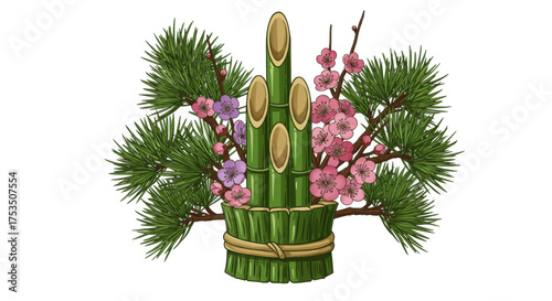 Traditional Japanese New Year Decoration with Bamboo, Pine, and Plum Blossoms