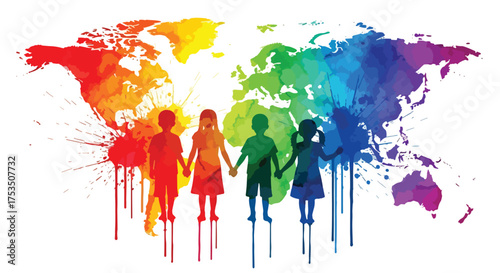 Watercolor illustration of children holding hands in front of a colorful world map, symbolizing global unity, diversity, peace, and hope for a connected international future