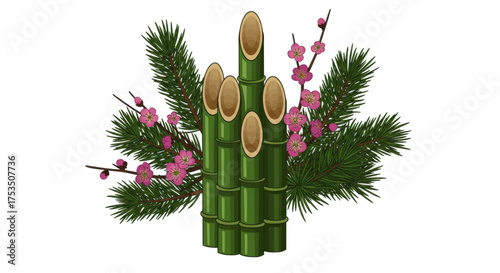 Traditional Japanese Kadomatsu New Year Decoration with Pine and Plum Blossoms