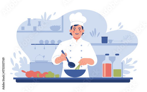 Happy chef cooking delicious food in a bright kitchen scene