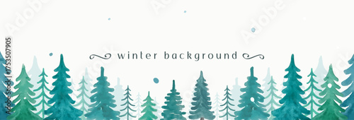 Winter background with spruce forest and snow in vector in watercolour style.