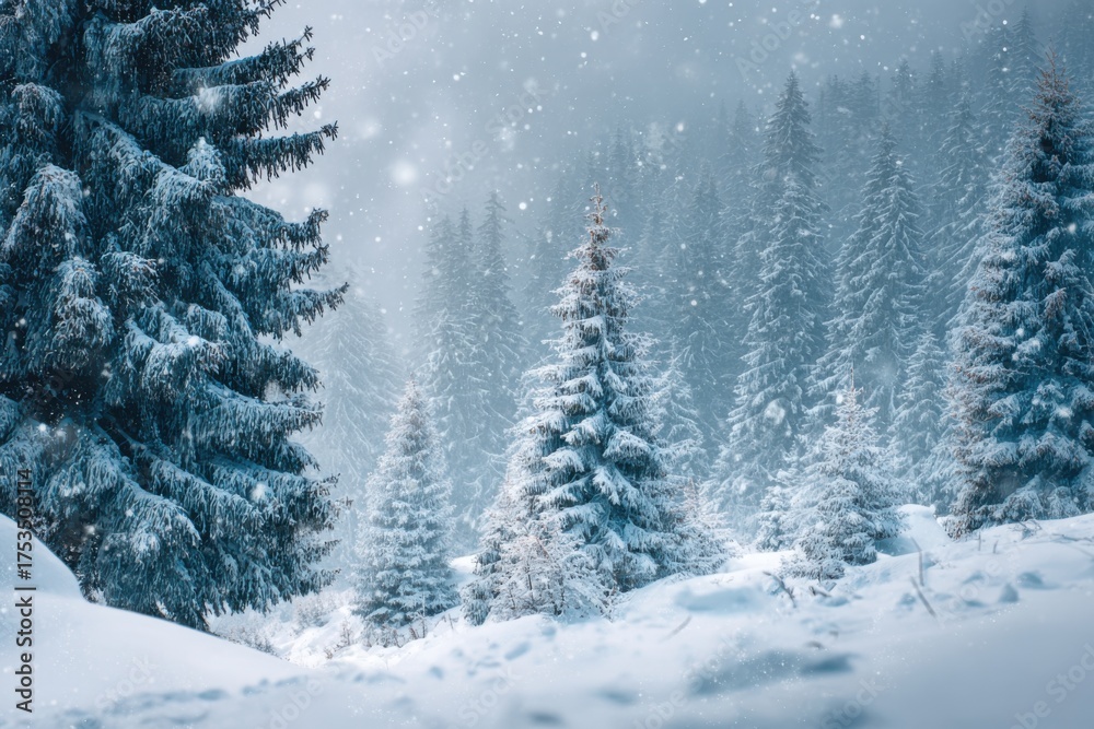 Fototapeta premium Peaceful Snowy Forest in Winter Season