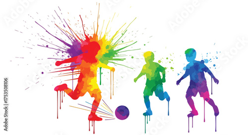 Dynamic illustration of kids playing soccer with colorful paint splashes, symbolizing energy, teamwork, sportsmanship, and fun outdoor activity for youth and fitness concepts