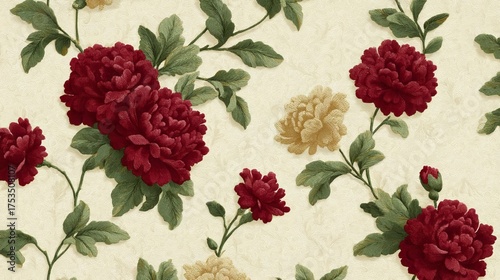 Crimson and cream blossoms dance against vintage wallpaper, evoking Lunar New Year elegance and Victorian garden nostalgia