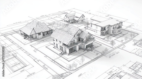 Four sketched houses on a blueprint with grid for planning real estate development