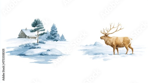 Rustic winter cabin whispers solitude as a majestic elk ponders ancient solstice tales and tranquil Yule serenity