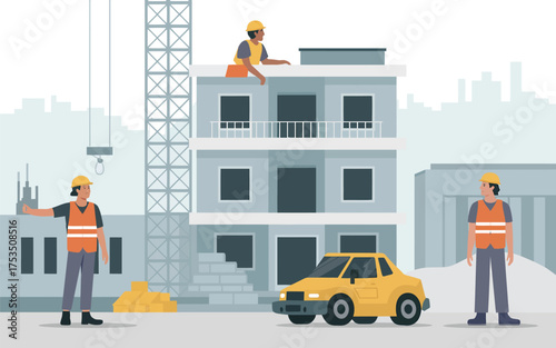 Construction scene with workers building a modern building and yellow car