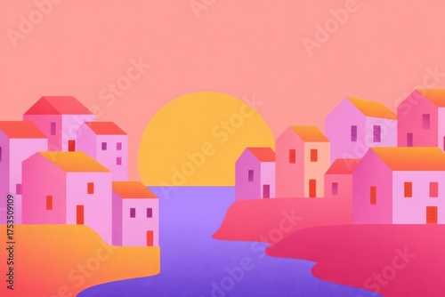 Dreamy pastel village basks in the surreal twilight glow, evoking the spirit of Santorini and Solstice revelries