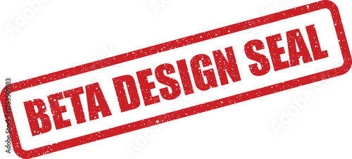 Rectangular distressed stamp graphic signifying a beta design seal for early stage approval or verification