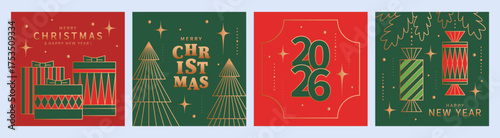Christmas backgrounds with gold line Christmas tree, stars, gifts, sweets. Merry Christmas and Happy New Year greeting card Set. Colorful geometric vector design for winter holidays.