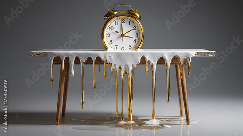 A melting clock drapes over a transparent desk with realistic reflections. The hyperrealistic scene symbolizes time distortion, impermanence, and modern surrealism, blending clarity, gravity, and quie