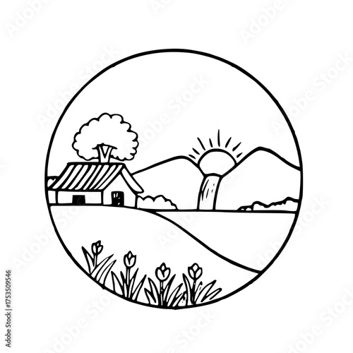 home, mountain, sun, and fountain scenery 