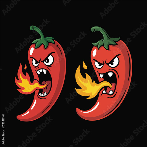 Two angry cartoon red chilies breathe fire, menacingly displaying their teeth on a black background