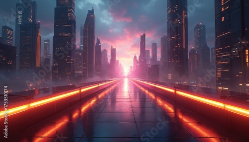Future city skyline at dusk. Tall buildings with glowing windows rise into misty pink sky. Pathway with bright neon lights reflects on wet surface. Leads to vivid horizon in sci-fi urban landscape.