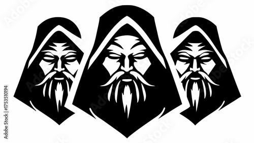 Mysterious hooded figures with wise expressions, perfect for fantasy game or book illustration