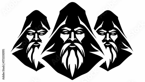 Powerful cloaked figures evoke mystic wisdom and ancient knowledge in striking minimalist design
