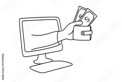 Hand extends from computer screen to wallet holding cash, representing online transactions and digital payments