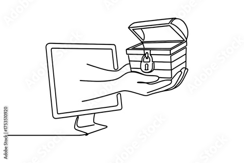 Digital hand reaching out from computer to deliver a locked treasure chest at a workspace