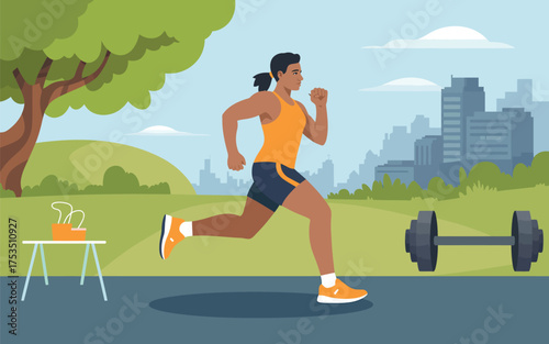 Flat design fitness and running concept with person exercising outdoors in park cityscape background