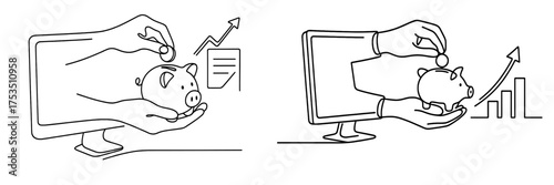 Digital saving practices illustrated through piggy bank visuals and growth charts in a simple online setting