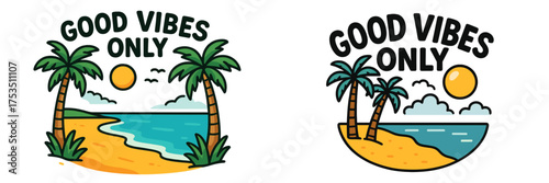 Good vibes only beach scene with palm trees and sunset near tropical shore
