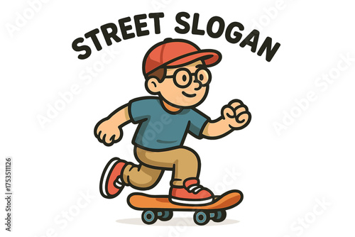 Child rides skateboard with confidence in a fun urban setting featuring playful graphics