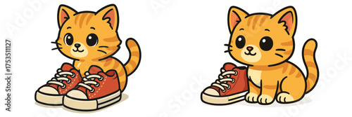 Cute cartoon kittens wearing sneakers express joy and curiosity in a playful scene